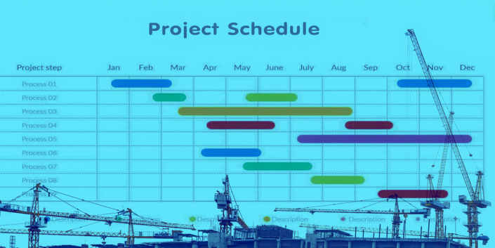 abstract business background of construction site with tower cranes and overlay with project schedule chart and gantt chart