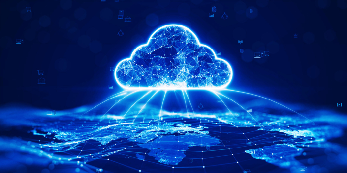 FullClarity Construction Management data transfer cloud computing technology concept. There is a large prominent cloud icon in the center with internal connections. and small icon on abstract world map polygon with dark blue background. FullClarity Construction Management