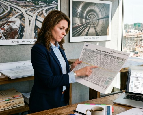 Construction retainage management in NetSuite: finance director with a retainage tracking schedule and laptop dashboard.