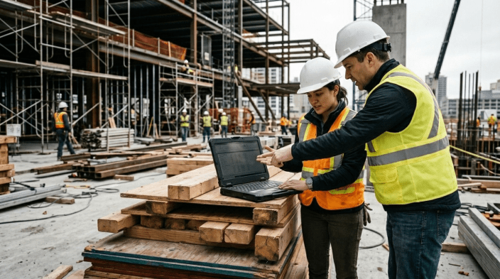 A project manager and a site colleague reviewing job cost data on a laptop at an active commercial construction site.