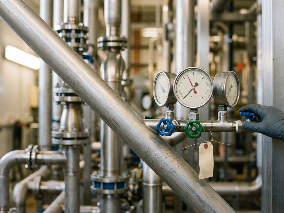 Stainless steel process pipework with pressure gauges and color-coded valves in a water treatment plant room