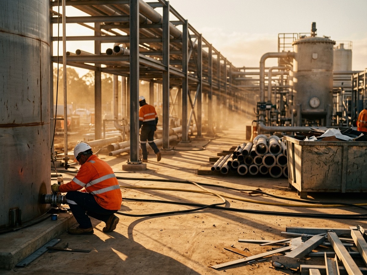 Two workers at separate work fronts on a busy water treatment project site in late afternoon light