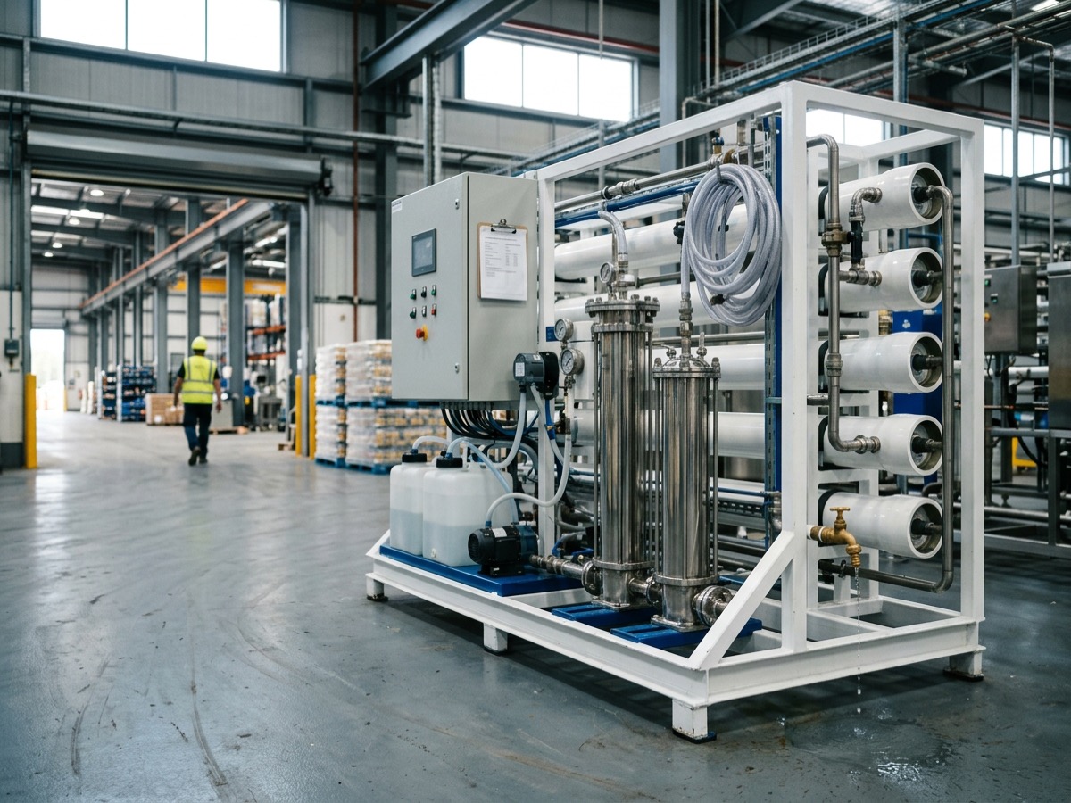 Skid-mounted industrial water treatment unit with control cabinet inside a manufacturing facility