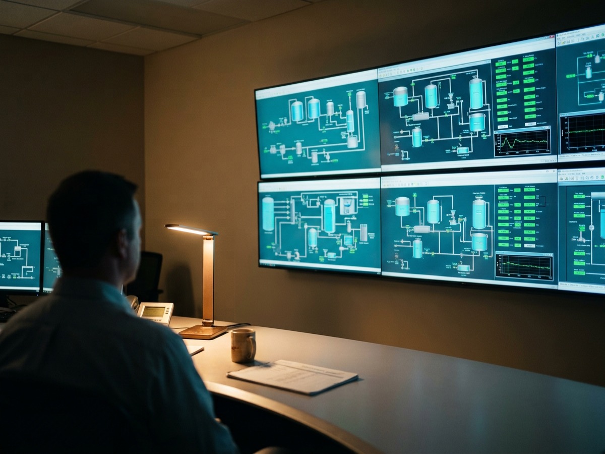 Plant operator at a control room desk facing a wall of SCADA process monitors