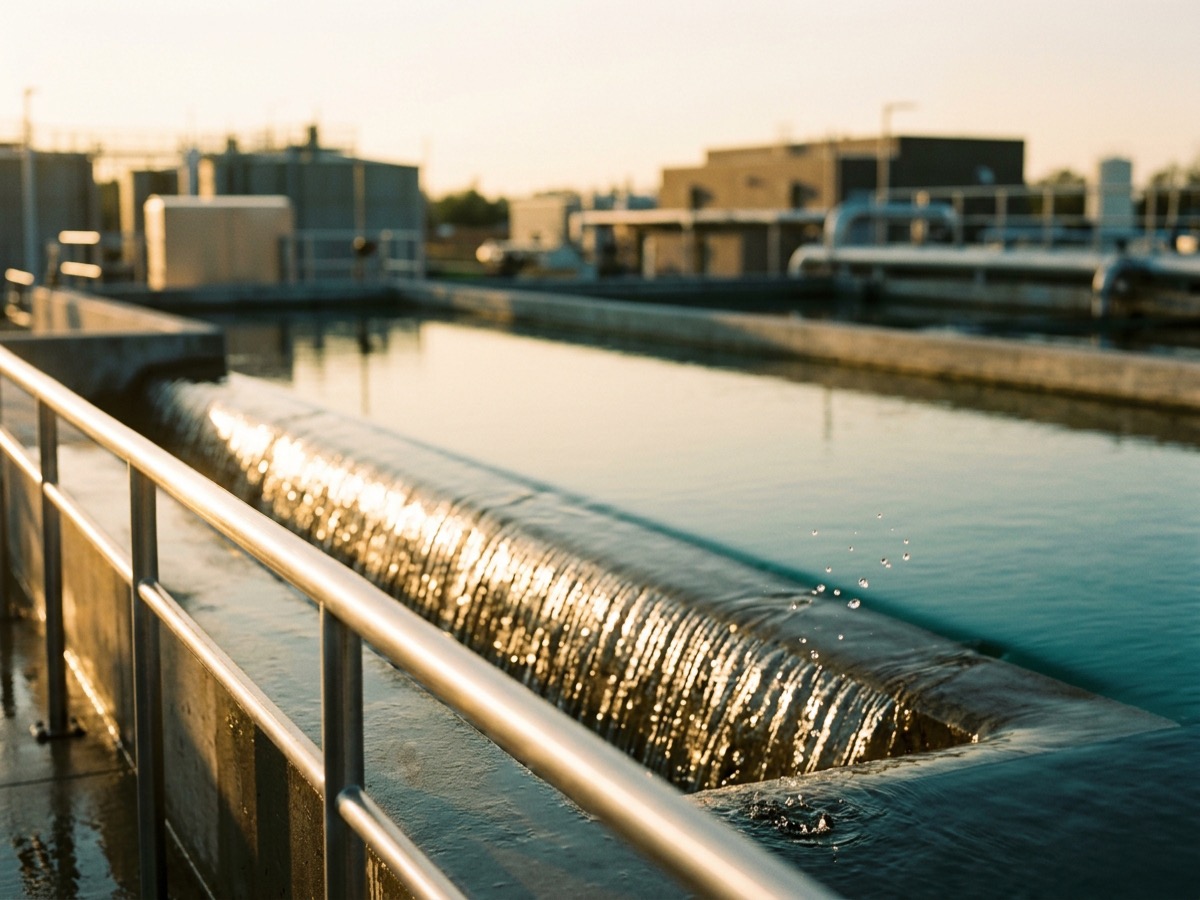 Treated water flowing over a concrete weir at an operating water treatment plant at golden hour