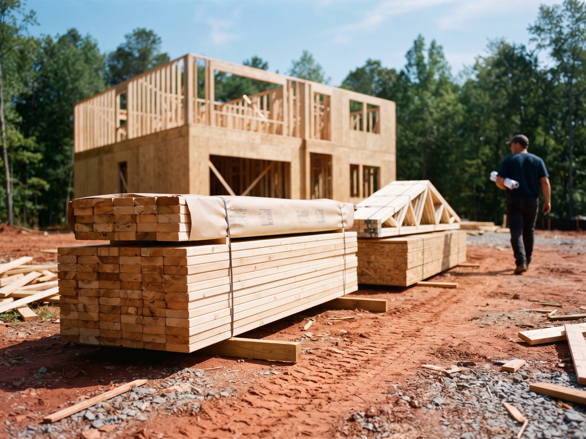 Banded stacks of framing lumber and roof trusses delivered to a home lot in front of a partially framed house