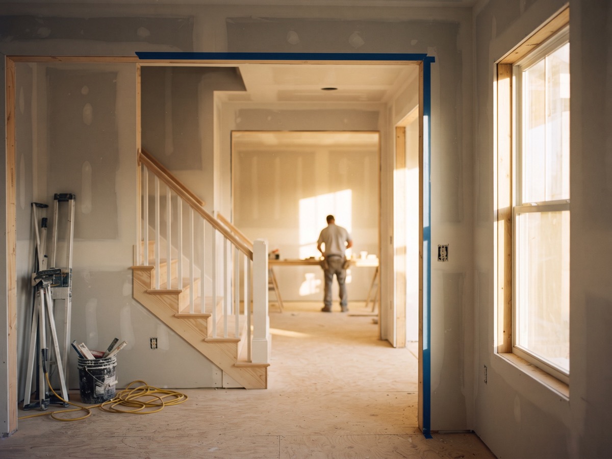 Interior of a home mid-build at the drywall and trim stage, with a new staircase and daylight through window openings