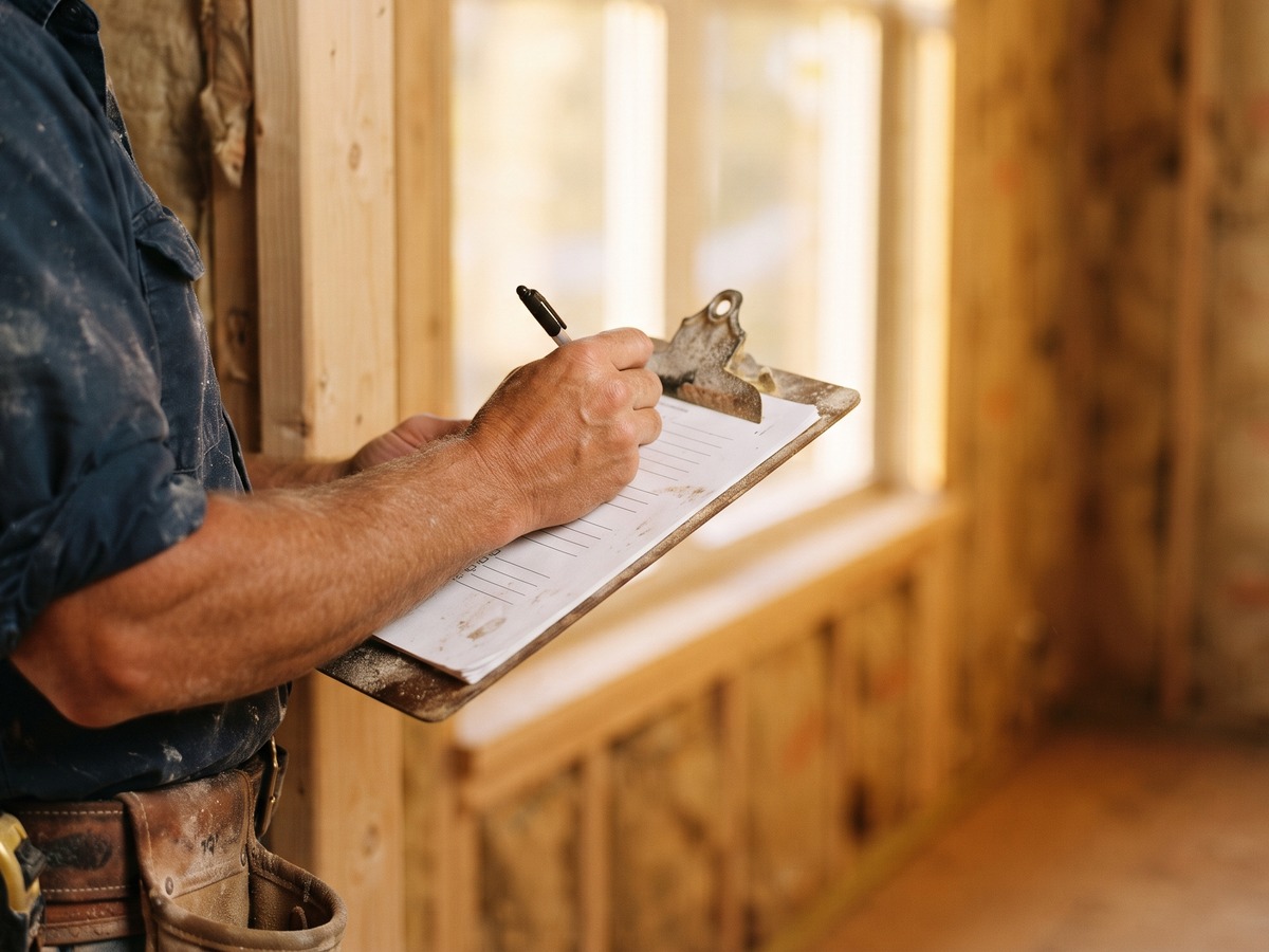 Field manager's hands marking a paper completion checklist on a clipboard at a framed residential wall